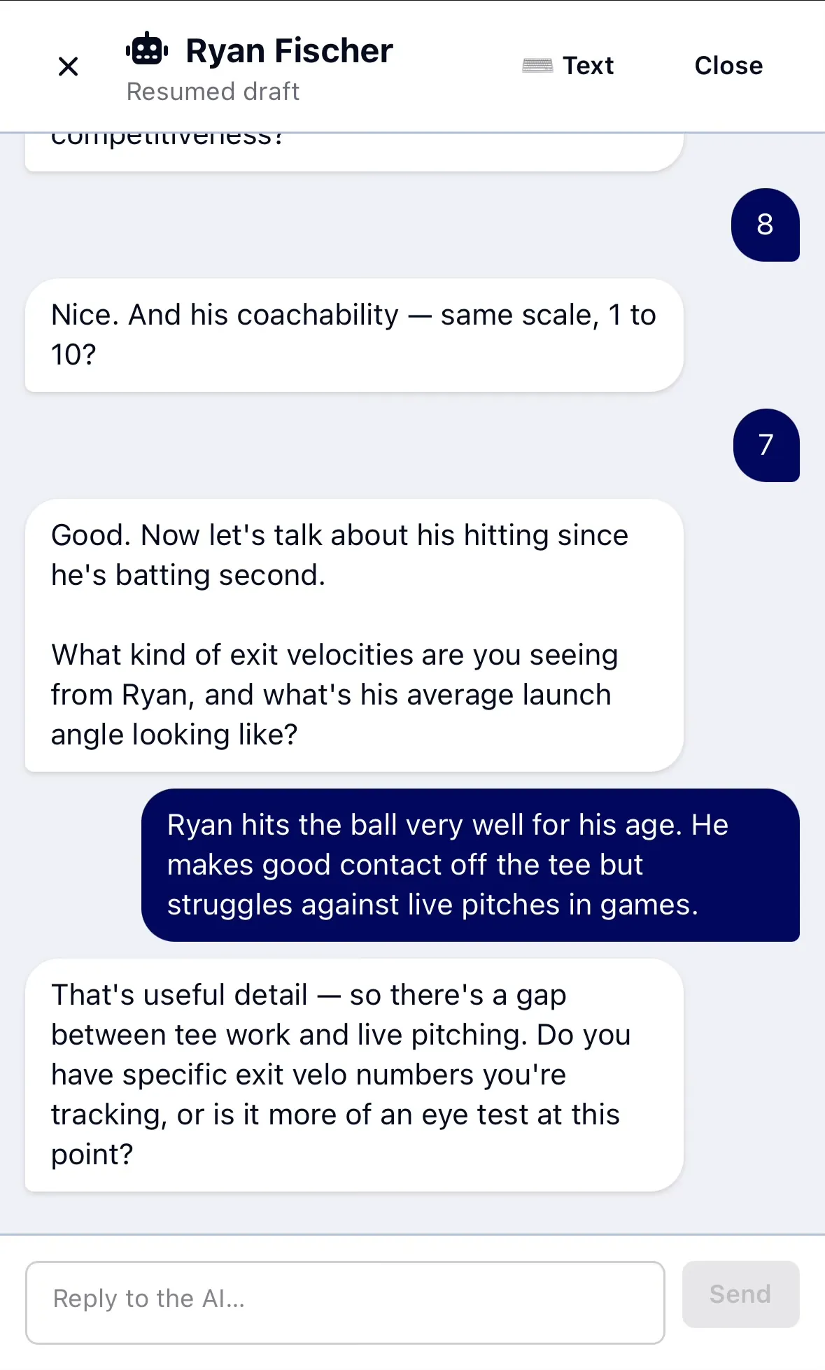 The OrangeSlice Sport AI assistant coach interviewing a coach in a chat — asking about coachability on a 1–10 scale, then about the player's hitting, exit velocity, and launch angle, and following up on the gap between tee work and live pitching