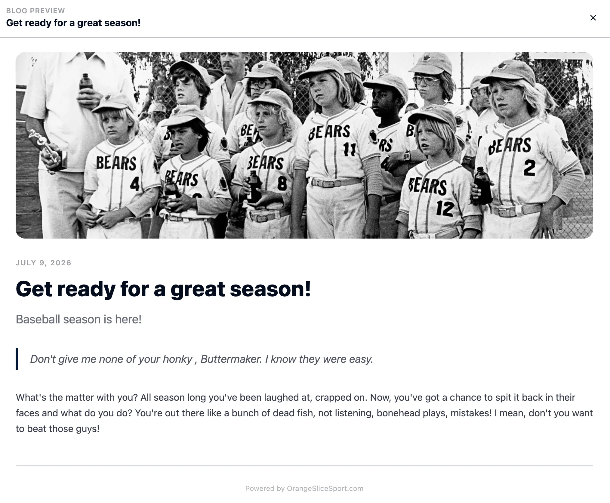 A public OrangeSlice Sport organization website showing a branded news bulletin with a hero photo and formatted article