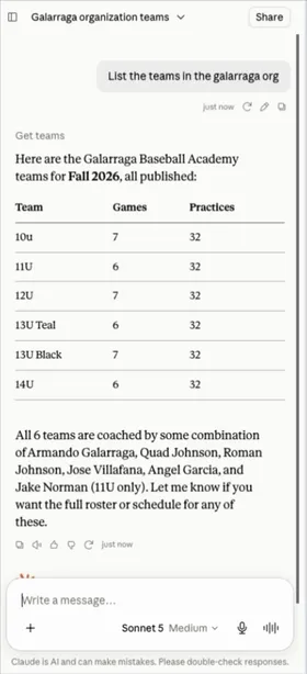 Claude answering a real question about an organization's teams, straight from OrangeSlice data