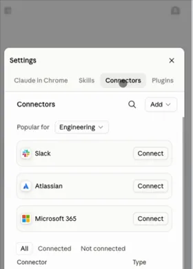 Claude's Connectors settings page, with the Add button in the top right