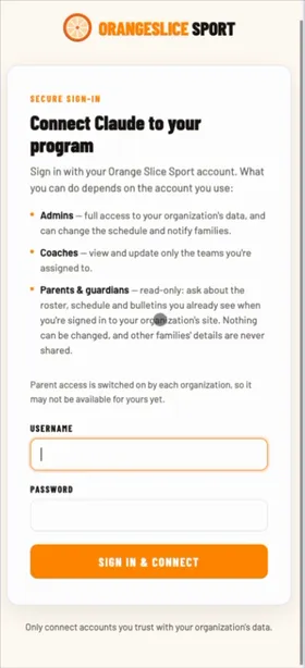 OrangeSlice's own sign-in page, branded, with username and password fields
