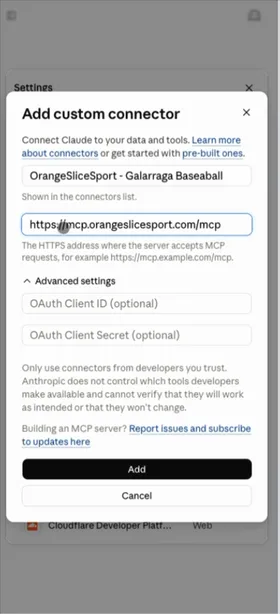 The Add custom connector dialog filled in with the OrangeSlice name and MCP address