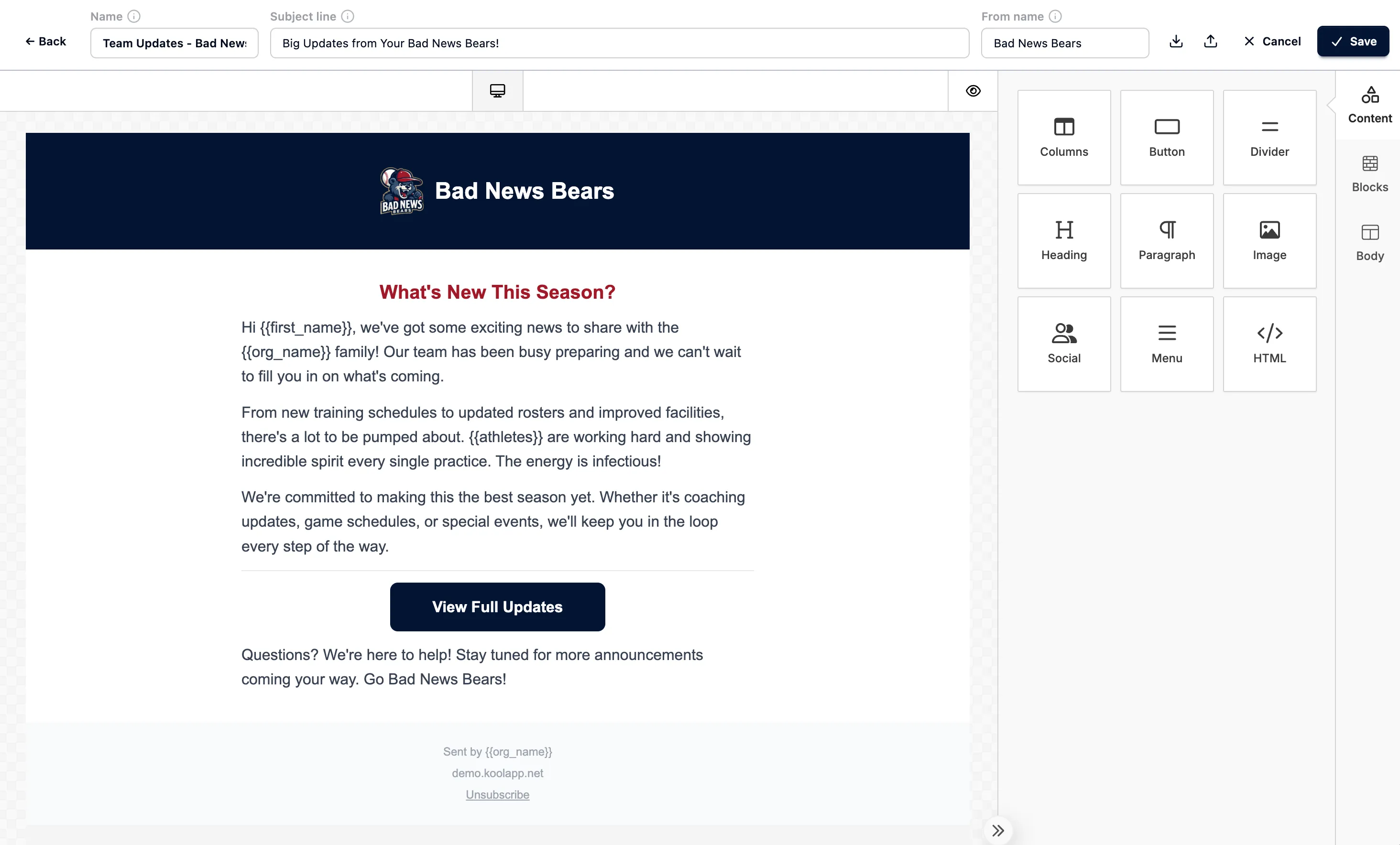 Email template builder in OrangeSlice Sport showing a branded Bad News Bears newsletter with drag-and-drop content blocks — heading, paragraph, image, and button — and merge fields for personalization
