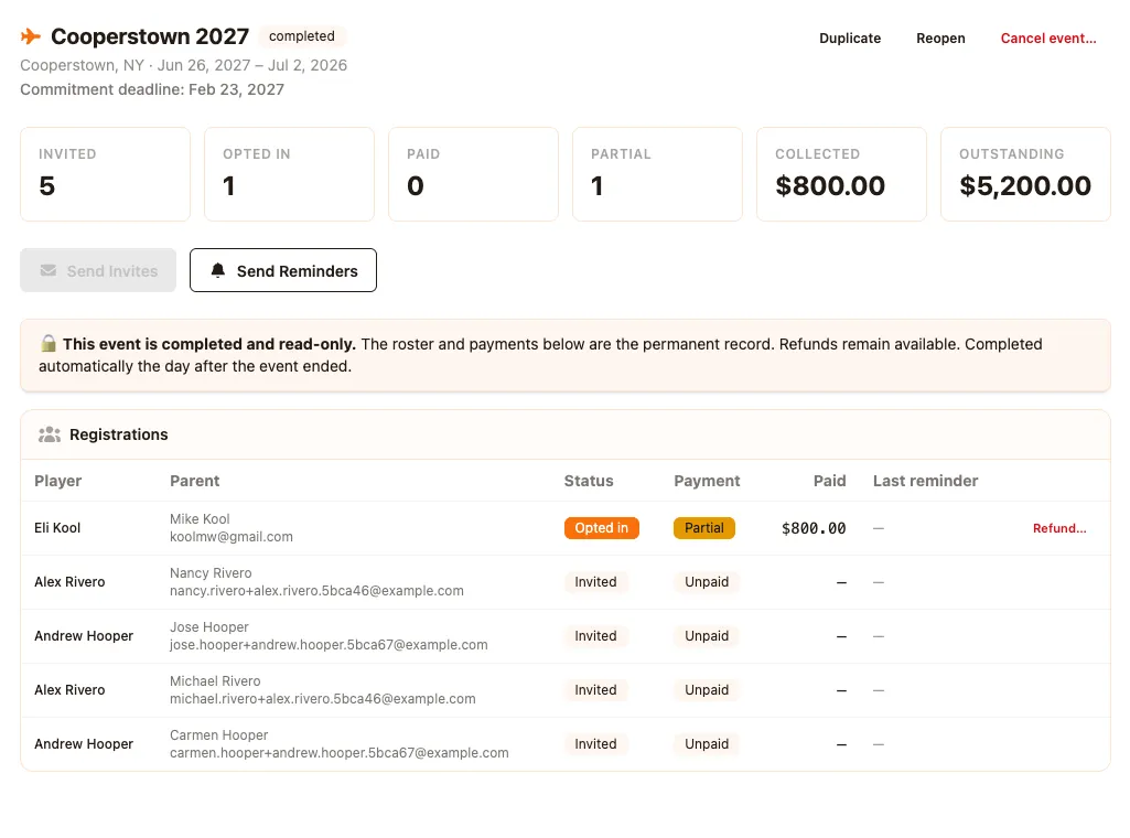 Registration payment screen in OrangeSlice Sport
