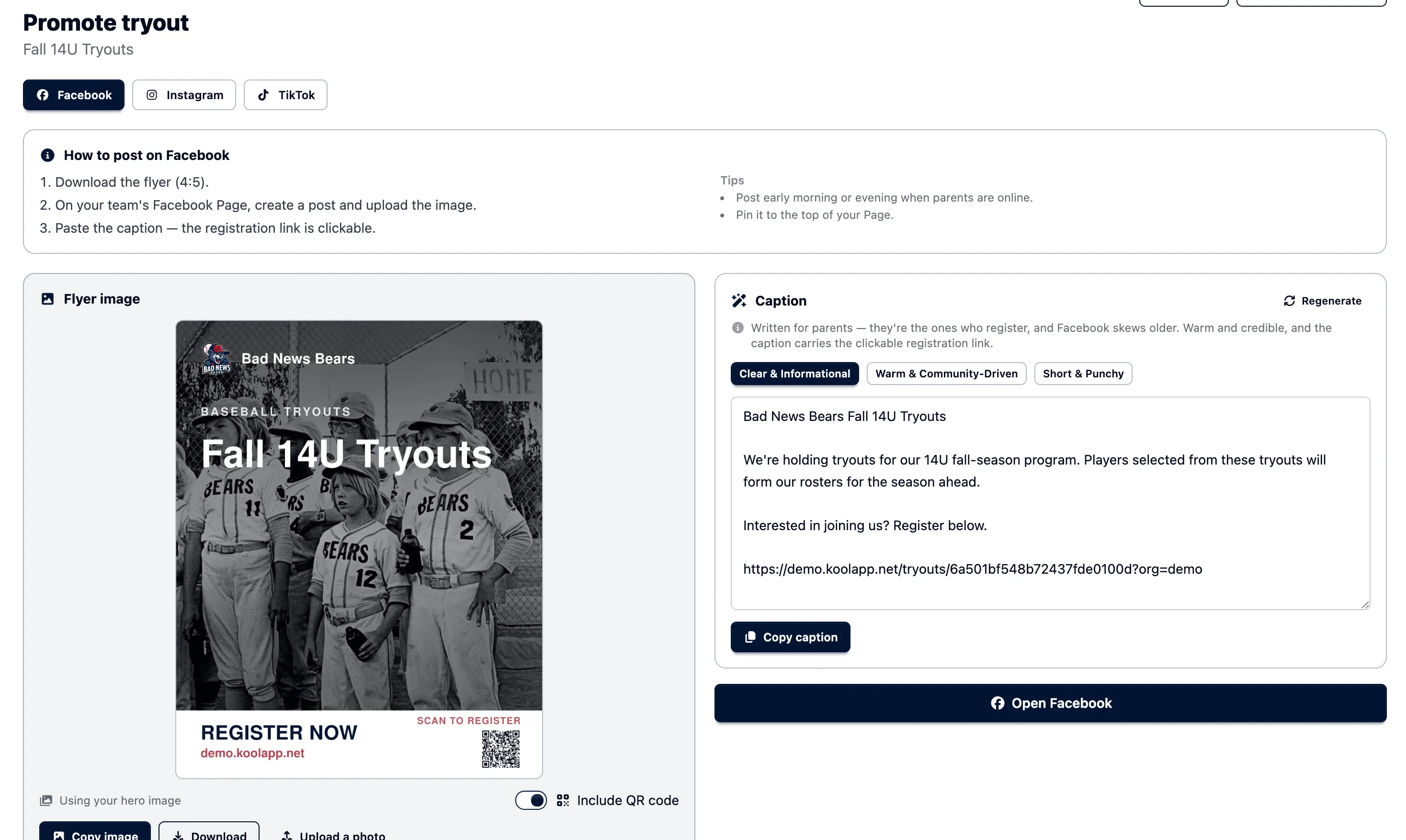 Promote tryout screen in OrangeSlice Sport with a branded Fall 14U Tryouts flyer and QR code, a Facebook caption ready to copy, and Instagram and TikTok tabs